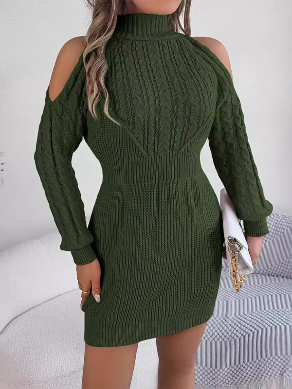 Casual Off-Shoulder Turtleneck Braided Lantern Sleeve Hip Sweater Dress