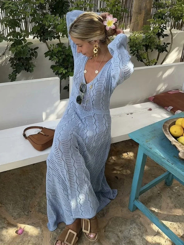 Women's Vacation Style Blue Long Sleeve Long Body Knit Maxi Dress