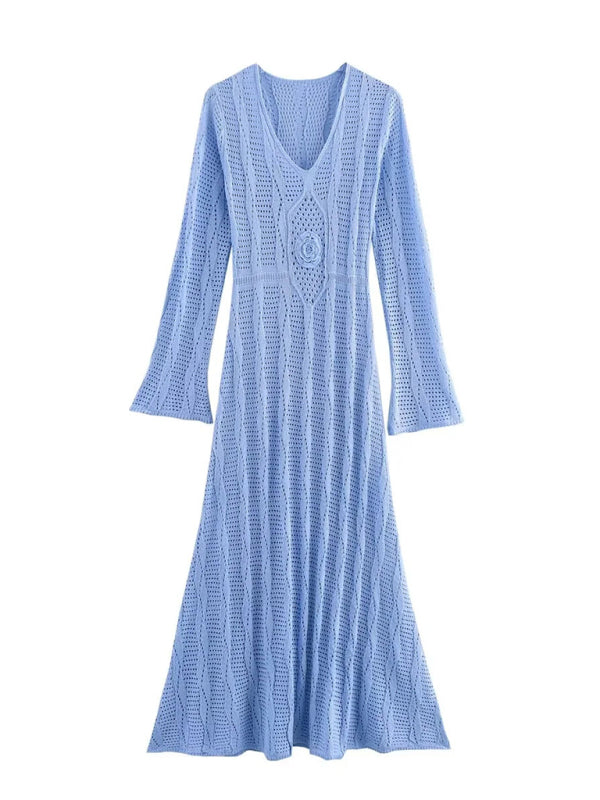 Women's Vacation Style Blue Long Sleeve Long Body Knit Maxi Dress