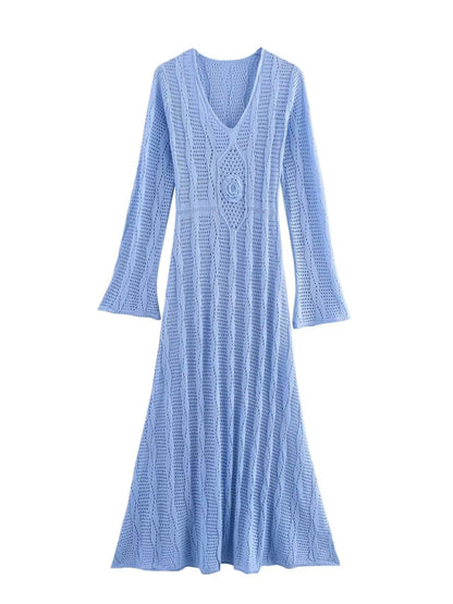 Women's Vacation Style Blue Long Sleeve Long Body Knit Maxi Dress