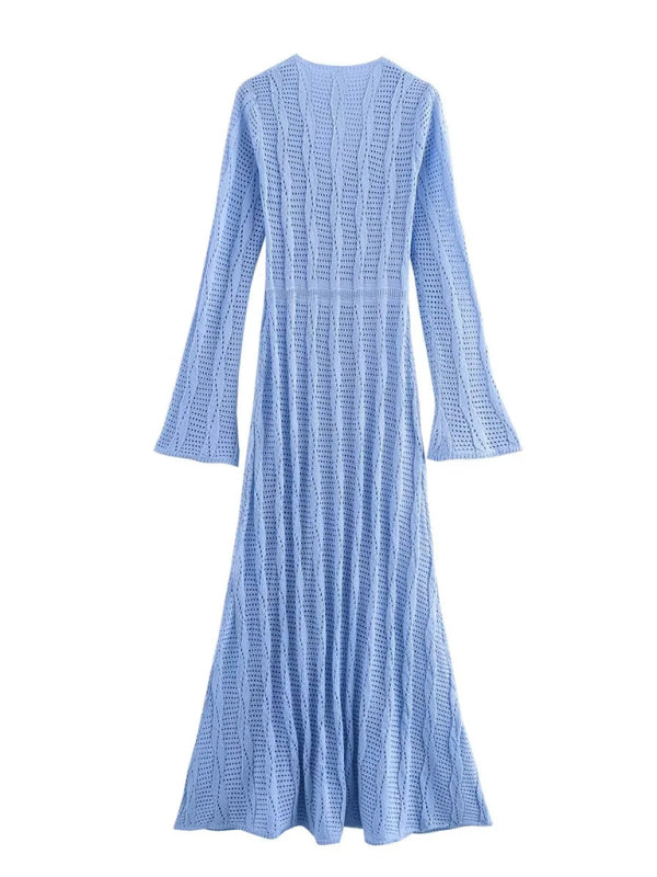 Women's Vacation Style Blue Long Sleeve Long Body Knit Maxi Dress