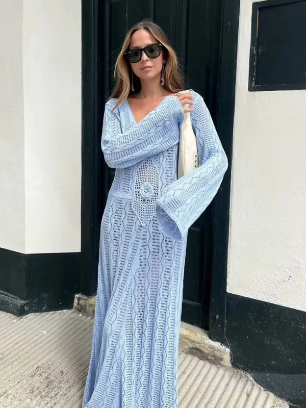 Women's Vacation Style Blue Long Sleeve Long Body Knit Maxi Dress