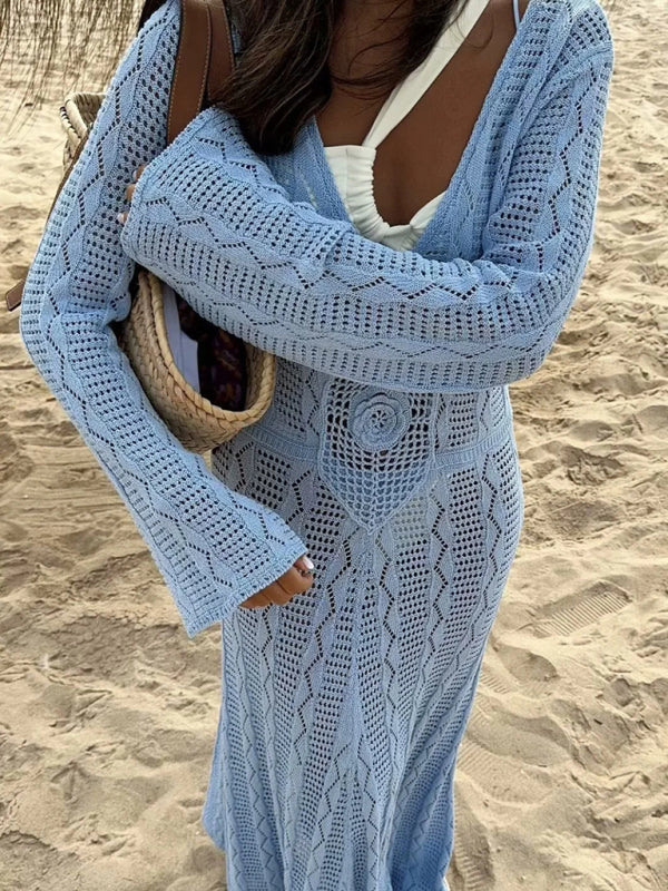 Women's Vacation Style Blue Long Sleeve Long Body Knit Maxi Dress