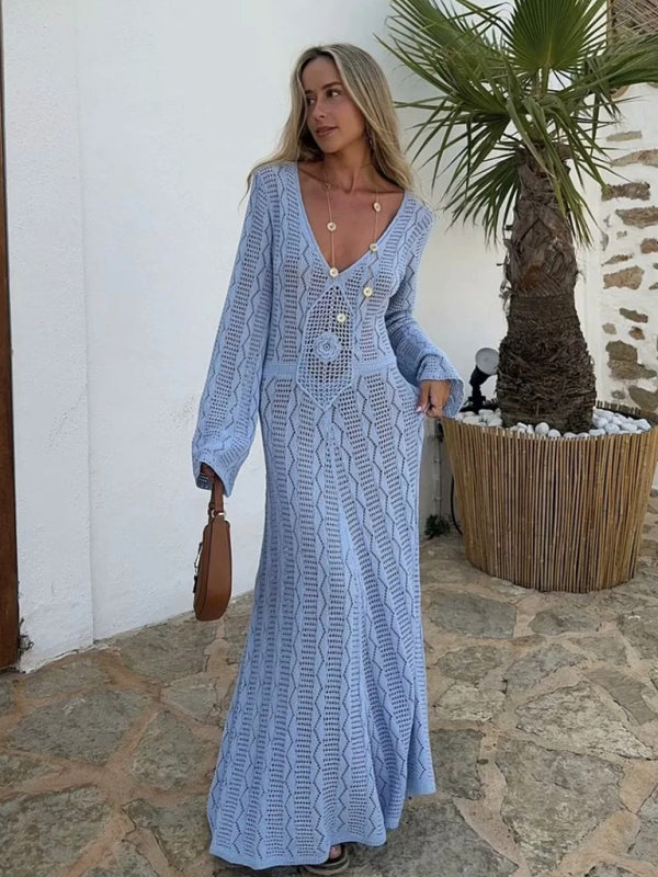 Women's Vacation Style Blue Long Sleeve Long Body Knit Maxi Dress