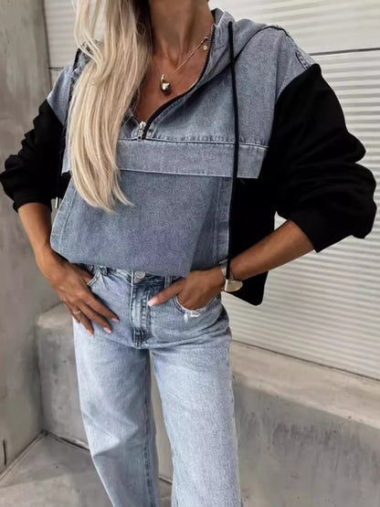 Fashion Loose Casual Washed Denim Stitching Hooded Women's Sweatshirt