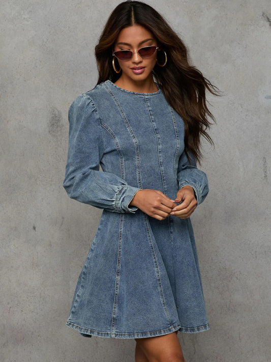 Women's Urban Fashion Casual Patchwork Slimming Waist Long Sleeve Denim Mini Dress