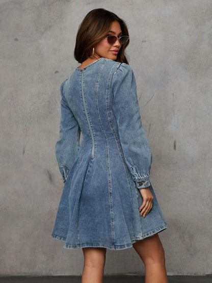 Women's Urban Fashion Casual Patchwork Slimming Waist Long Sleeve Denim Mini Dress