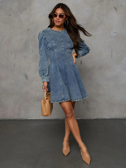 Women's Urban Fashion Casual Patchwork Slimming Waist Long Sleeve Denim Mini Dress