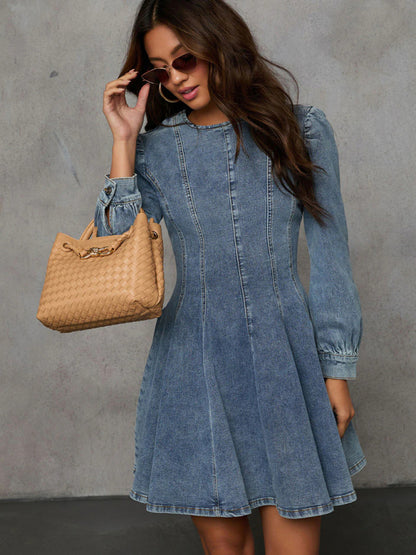 Women's Urban Fashion Casual Patchwork Slimming Waist Long Sleeve Denim Mini Dress