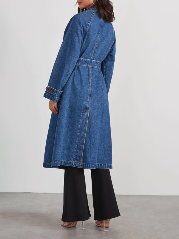 Women's Windbreaker Denim Cotton Solid Color Double Pockets Long Button Loose Trench Coat