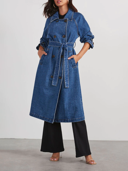 Women's Windbreaker Denim Cotton Solid Color Double Pockets Long Button Loose Trench Coat