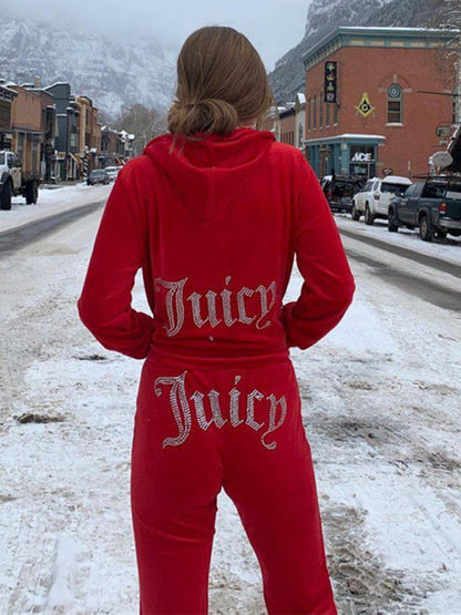 Women's Casual Solid Color JUICY Glitter Letter Print Long-Sleeved Hooded Sweatshirt Loose Trousers Sports Set