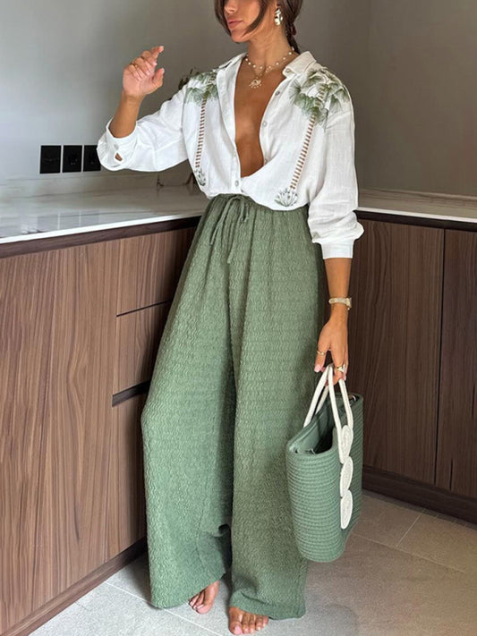 Women's Fashionable Chic Long-Sleeved Single-Breasted Loose Top Wide Trousers Two-Piece Set