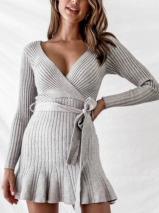 Women's Sexy Deep V-Neck Long Sleeve Waist Sweater Dress