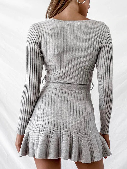 Women's Sexy Deep V-Neck Long Sleeve Waist Sweater Dress