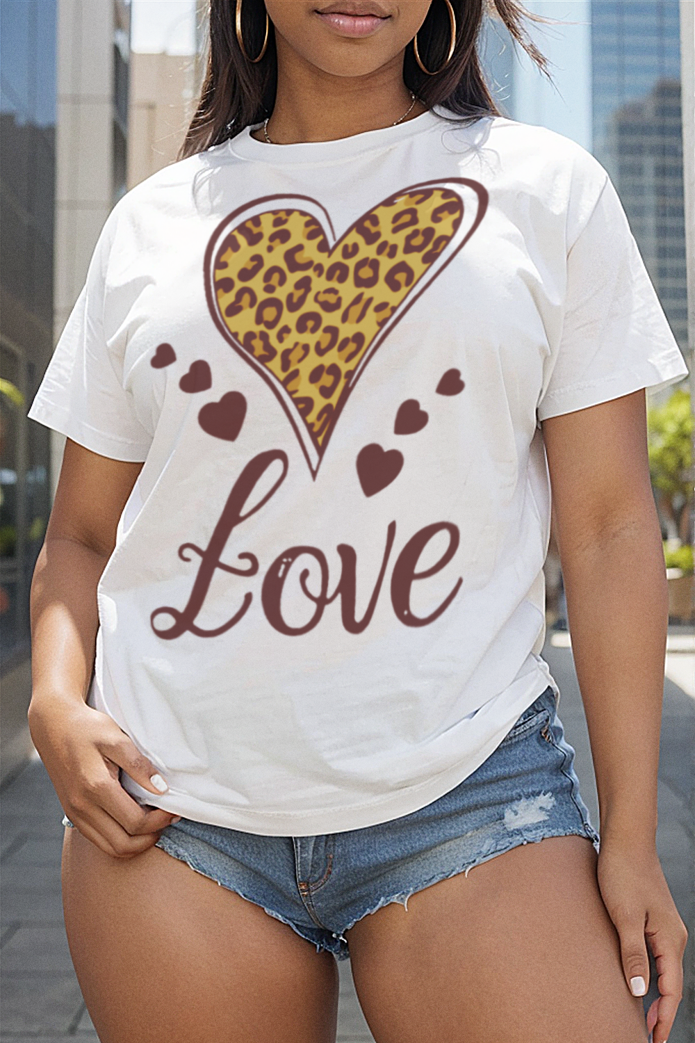 Love Leopard Heart Graphic Print Women's Casual T-Shirt