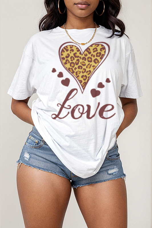 Love Leopard Heart Graphic Print Women's Casual T-Shirt