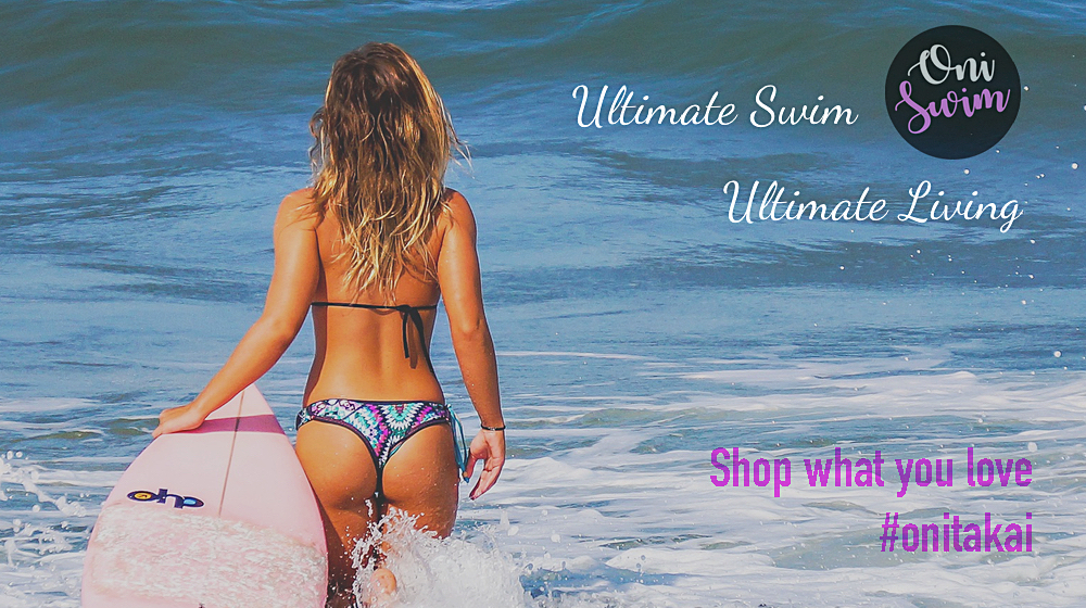 OniTakai Main Page Promotional Banner Image Of A Surf Girl Promoting OniTakai Summer Swimwear Fashion