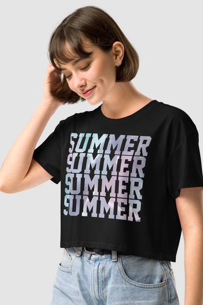 Summer Repeating Graphic Print Women's Relaxed Crop Top T-Shirt