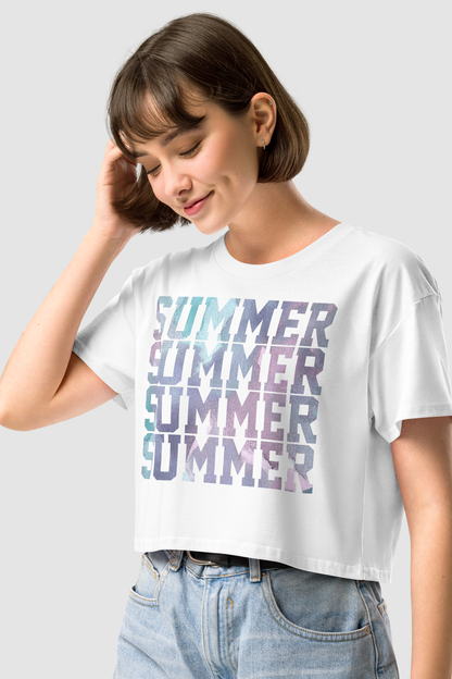 Summer Repeating Graphic Print Women's Relaxed Crop Top T-Shirt