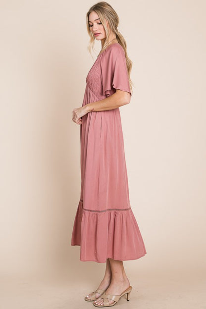 HEYSON Full Size Smocked Pocket Midi Dress in Rouge Pink - OniTakai