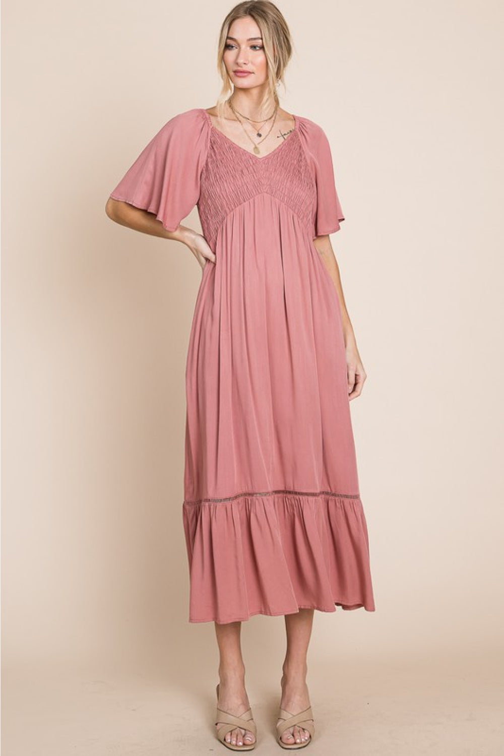 HEYSON Full Size Smocked Pocket Midi Dress in Rouge Pink - OniTakai