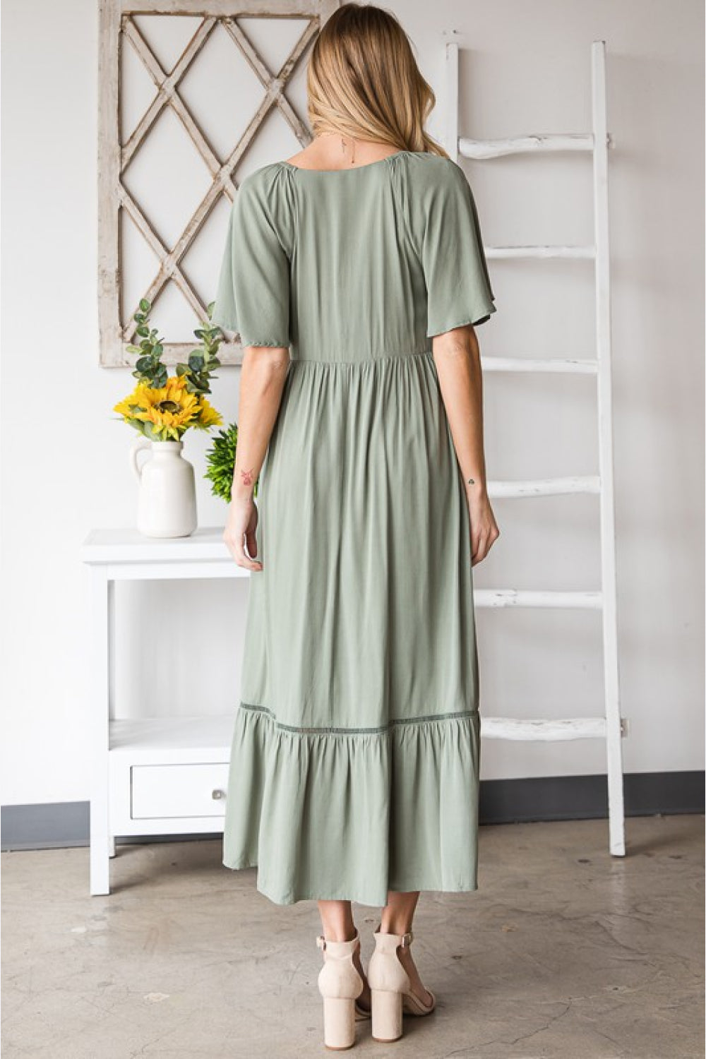 HEYSON Full Size Smocked Pocket Midi Dress in Sage - OniTakai